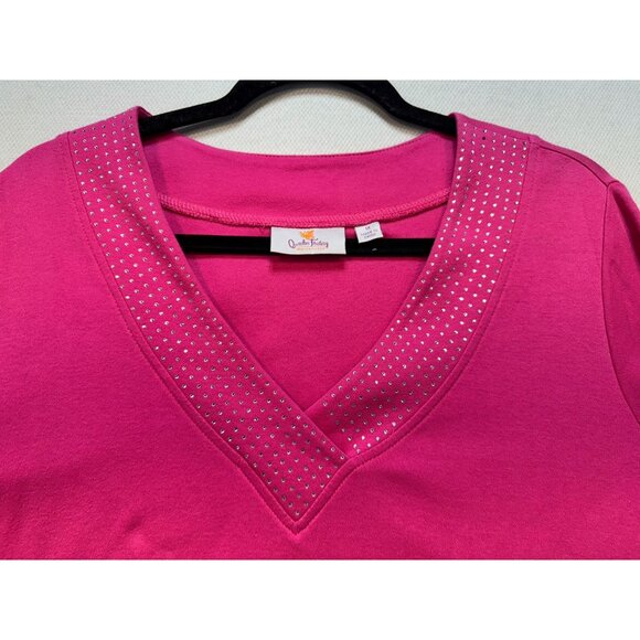 Quacker Factory Womens V-Neck Cotton T-Shirt  1X Pink Rhinestone Embellishment - Picture 7 of 10